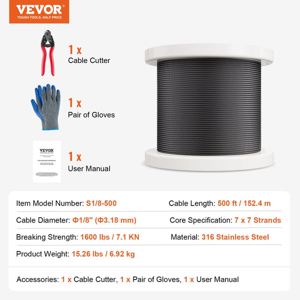 Vevor T316 Stainless Steel Cable 3.18Mm 7X7 Wire Rope 152.4M Railing Garden Fencing Accessories