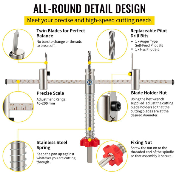 Hole Saw Cutter Kit 1 5/8" To (40 200 Mm) Two Replaceable Pilot Drill Bits Twin Blade Recessed With Pc Dust Shield For Lights Ceiling Speakers Vent Ho