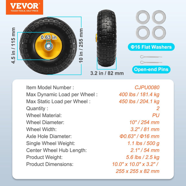 Vevor Solid Pu Run Flat Tire Wheel 254 Mm 2 Pack 181.4 Kg Dynamic Load 204.1 Static Free Tubeless Tires And Wheels For Hand Truck Utility Cart Dolly G