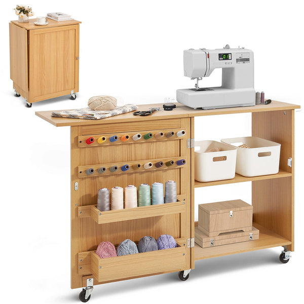 Folding Sewing Table With Lockable Wheels Shelves Trays Door Wood Color Other Sewing