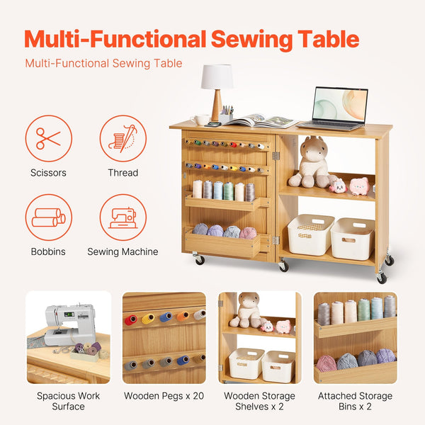 Folding Sewing Table With Lockable Wheels Shelves Trays Door Wood Color Other Sewing