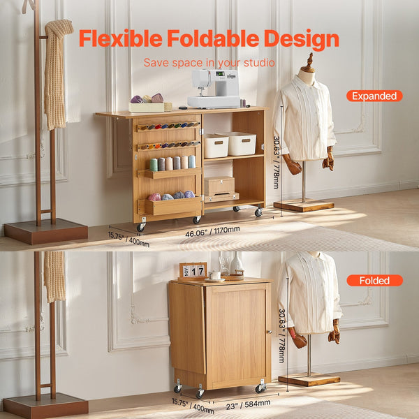 Folding Sewing Table With Lockable Wheels Shelves Trays Door Wood Color Other Sewing