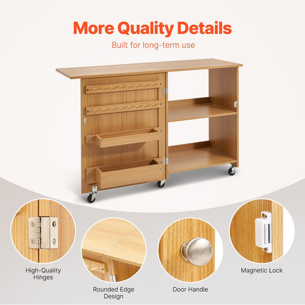Folding Sewing Table With Lockable Wheels Shelves Trays Door Wood Color Other Sewing
