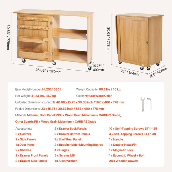 Folding Sewing Table With Lockable Wheels Shelves Trays Door Wood Color Other Sewing