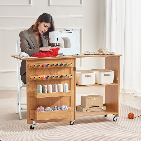Folding Sewing Table With Lockable Wheels Shelves Trays Door Wood Color Other Sewing