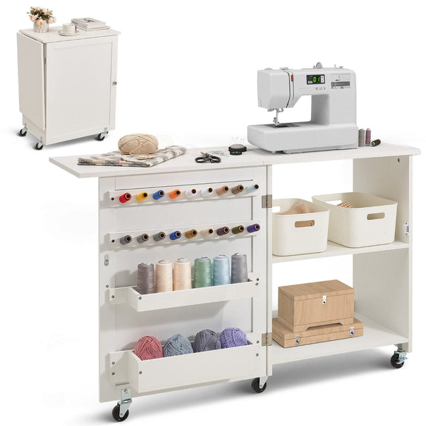Folding Sewing Table With Lockable Wheels Shelves Trays Door Wood Color Other Sewing