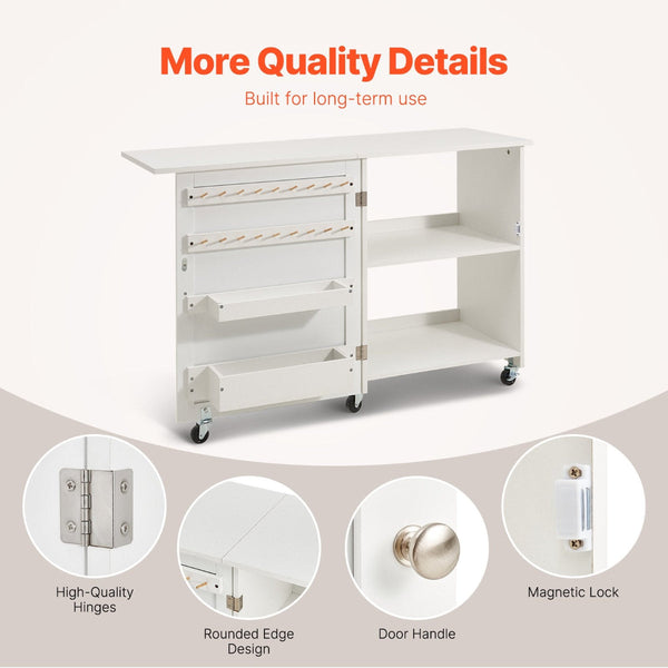 Folding Sewing Table With Lockable Wheels Shelves Trays Door Wood Color Other Sewing