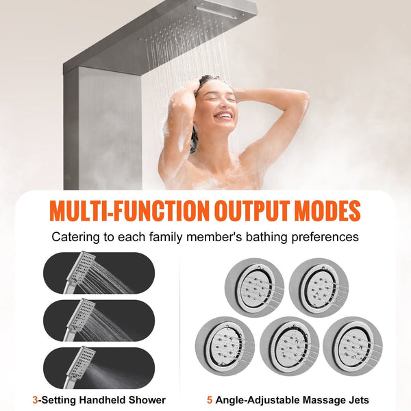 Shower Panel System 4 Modes Tower Rainfall Waterfall 5 Full Body Massage Jets And 3 Setting Handheld Head With 59" Hose Stainless Steel Wall Mounted S