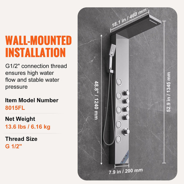 Shower Panel System 4 Modes Tower Rainfall Waterfall 5 Full Body Massage Jets And 3 Setting Handheld Head With 59" Hose Stainless Steel Wall Mounted S