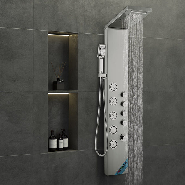 Shower Panel System 4 Modes Tower Rainfall Waterfall 5 Full Body Massage Jets And 3 Setting Handheld Head With 59" Hose Stainless Steel Wall Mounted S