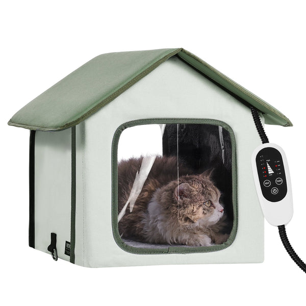 Vevor Elevated Heated Cat House Outdoor Kitty Shelter With Timer 600D Oxford Cloth Foldable Pad For Winter Warmth Green Small Pet Beds