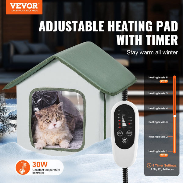 Vevor Elevated Heated Cat House Outdoor Kitty Shelter With Timer 600D Oxford Cloth Foldable Pad For Winter Warmth Green Small Pet Beds