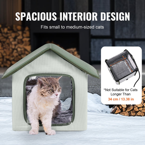 Vevor Elevated Heated Cat House Outdoor Kitty Shelter With Timer 600D Oxford Cloth Foldable Pad For Winter Warmth Green Small Pet Beds