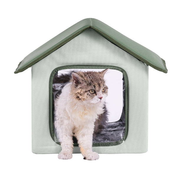 Vevor Elevated Heated Cat House Outdoor Kitty Shelter With Timer 600D Oxford Cloth Foldable Pad For Winter Warmth Green Small Pet Beds