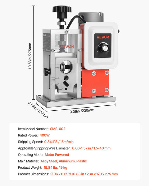 Vevor Electric Wire Stripping Machine 1.5 40 Mm 400W Automatic Motorized Cable Stripper 9.84 Ips (15 M/Min) Peeler With Alloy Blades Shaped Rollers Co