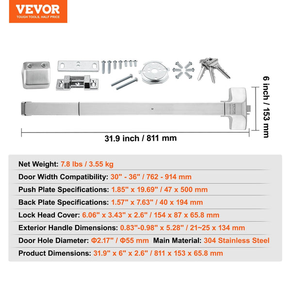 Push Bar Door Locks Stainless Steel Panic Bars For Exit Doors With Exterior Lever And 3 Keys Device Hardware Metal Wood Left Right Handed Door Locks &