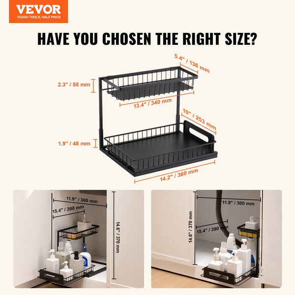 Vevor 2 Tier Wire Pull Out Cabinet Under Sink Organizer 10.7"X14.2" Drawer Basket Black Drawer Organisers