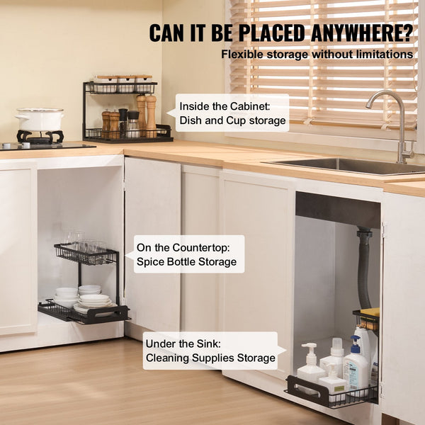 Vevor 2 Tier Wire Pull Out Cabinet Under Sink Organizer 10.7"X14.2" Drawer Basket Black Drawer Organisers