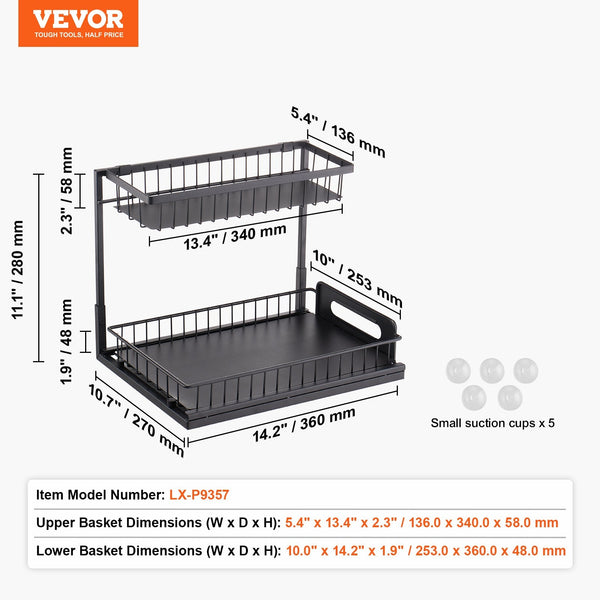 Vevor 2 Tier Wire Pull Out Cabinet Under Sink Organizer 10.7"X14.2" Drawer Basket Black Drawer Organisers