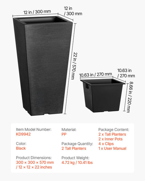 Vevor Tall Planter Set Of 2 Square Tapered Planters 57 Cm Large Modern Gardening And Flower Plastic Pots Decorative Black With Drainage Hole For Porch