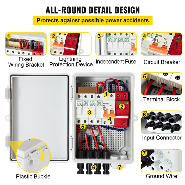 Pv Combiner Box 4 String With 15A Rated Current Fuse 63A Circuit Breaker Lightning Arreste Connector For On/Off Grid Solar Panel System Ip65 Circuit B