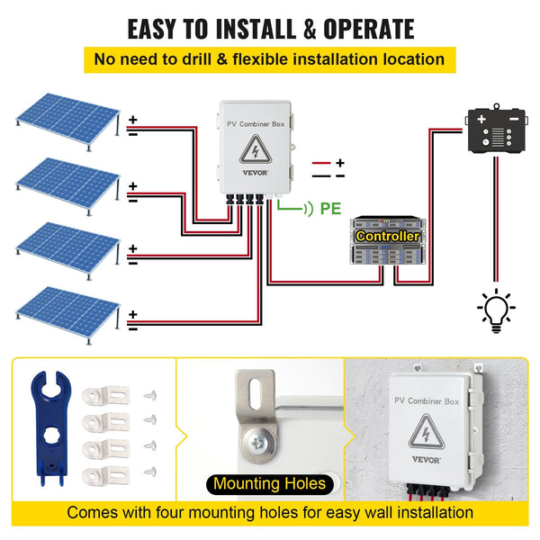 Pv Combiner Box 4 String With 15A Rated Current Fuse 63A Circuit Breaker Lightning Arreste Connector For On/Off Grid Solar Panel System Ip65 Circuit B
