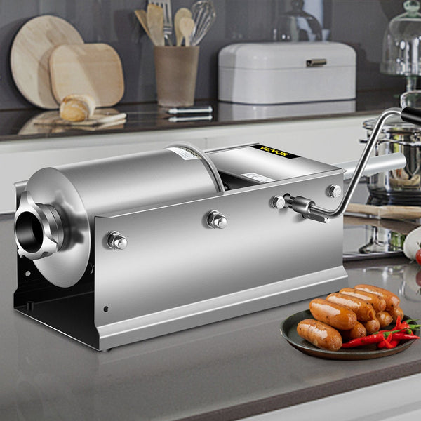 Vevor Manual Sausage Stuffer 3 L / 7 Lbs Horizontal Machine Dual Speed Meat Made Of Food Grade 304 Stainless Steel Includes 5 Stuffing Tubes For Home