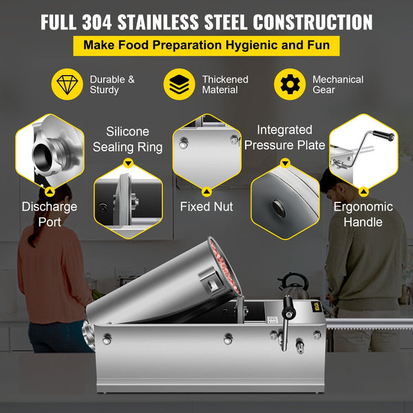 Vevor Manual Sausage Stuffer 5 L / 11 Lbs Horizontal Machine Dual Speed Meat Made Of Food Grade 304 Stainless Steel Includes Stuffing Tubes For Home K