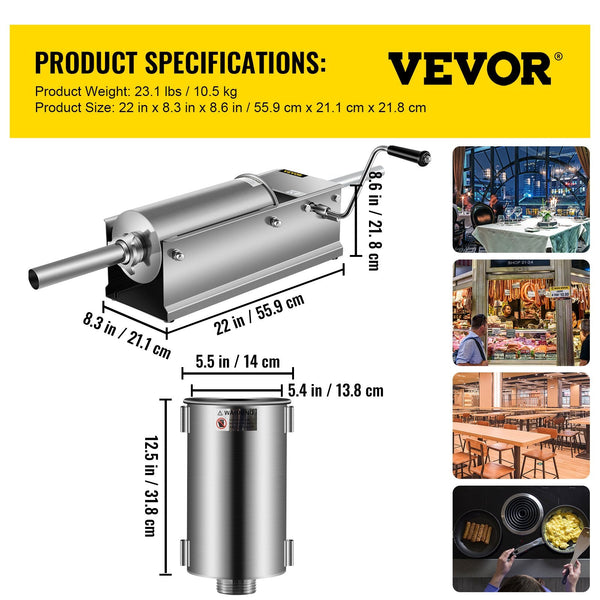 Vevor Manual Sausage Stuffer 5 L / 11 Lbs Horizontal Machine Dual Speed Meat Made Of Food Grade 304 Stainless Steel Includes Stuffing Tubes For Home K