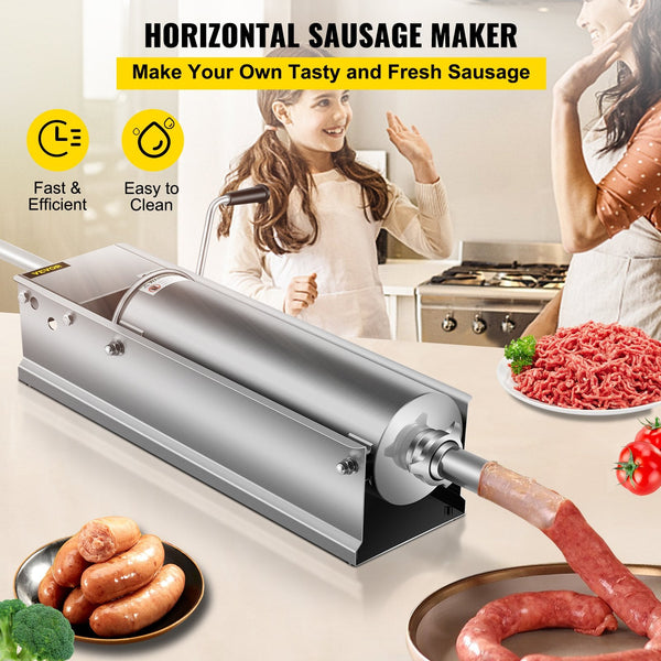 Vevor Manual Sausage Stuffer 7 L / 15 Lbs Horizontal Machine Dual Speed Meat Made Of Food Grade 304 Stainless Steel Includes Stuffing Tubes For Home K