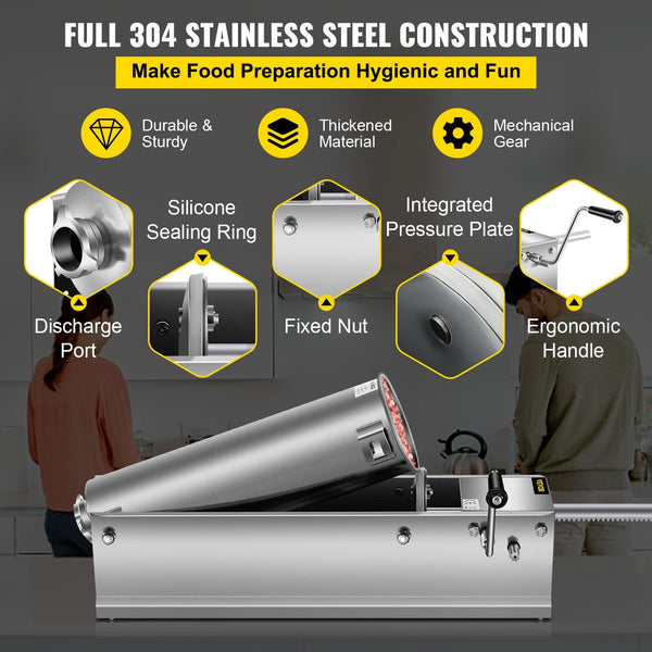 Vevor Manual Sausage Stuffer 7 L / 15 Lbs Horizontal Machine Dual Speed Meat Made Of Food Grade 304 Stainless Steel Includes Stuffing Tubes For Home K