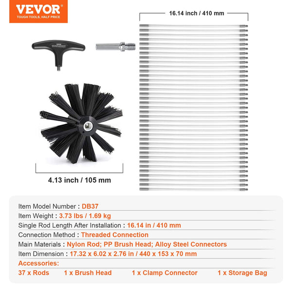 Vevor 15.24M Dryer Vent Cleaner Kit 37 Pieces Duct Cleaning Brush Reinforced Nylon Tools Lint Remover With Flexible Trap Clamp Connectors Cleaning Bru
