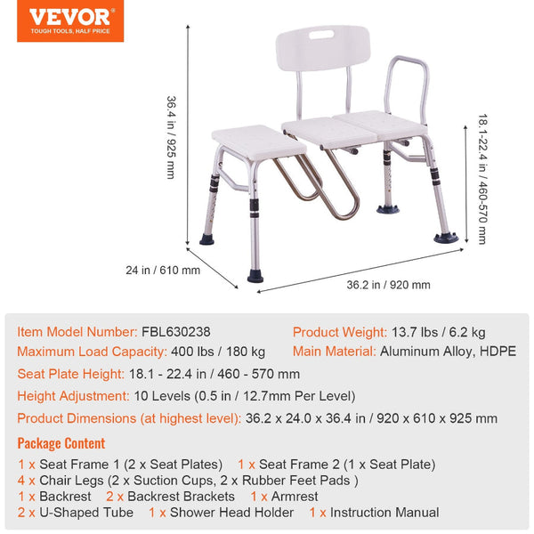 Vevor Tub Transfer Bench Bathtub Shower Seat For Senior Height Adjustable 400Lbs Dressing & Grooming Aids