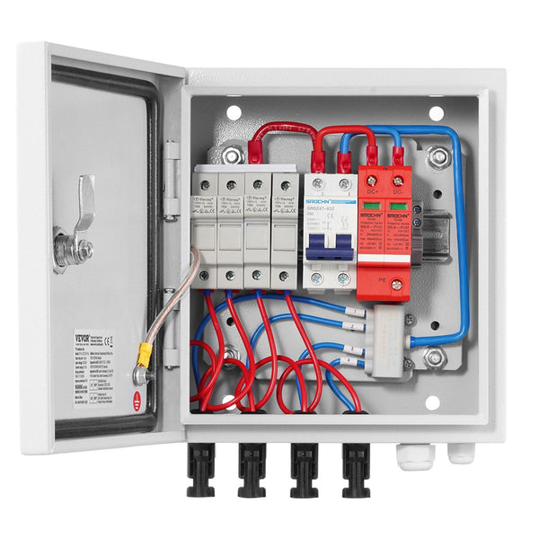 Pv Combiner Box 4 String Solar With 15A Rated Current Fuse 63A Circuit Breaker Lightning Arrester And Connector Steel Case For On / Off Grid Panel Sys