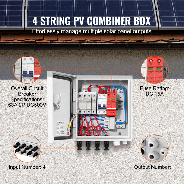 Pv Combiner Box 4 String Solar With 15A Rated Current Fuse 63A Circuit Breaker Lightning Arrester And Connector Steel Case For On / Off Grid Panel Sys