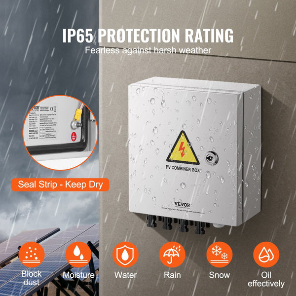 Pv Combiner Box 4 String Solar With 15A Rated Current Fuse 63A Circuit Breaker Lightning Arrester And Connector Steel Case For On / Off Grid Panel Sys