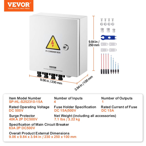 Pv Combiner Box 4 String Solar With 15A Rated Current Fuse 63A Circuit Breaker Lightning Arrester And Connector Steel Case For On / Off Grid Panel Sys