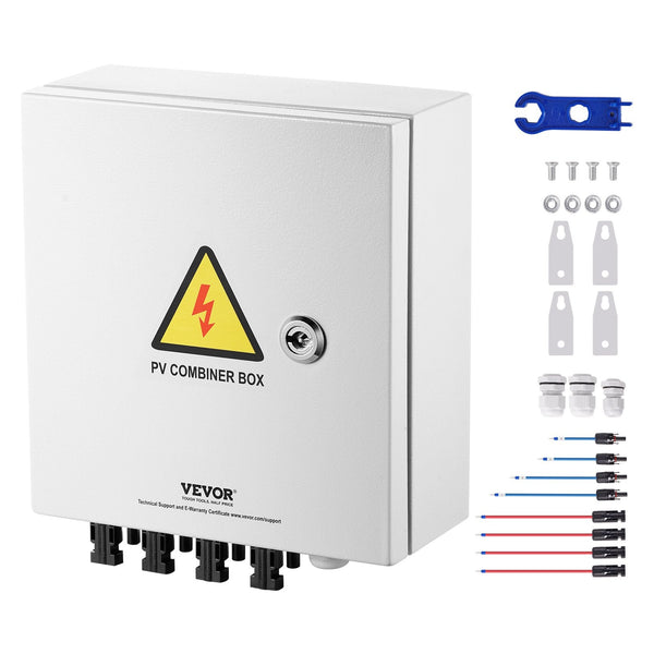 Pv Combiner Box 4 String Solar With 15A Rated Current Fuse 63A Circuit Breaker Lightning Arrester And Connector Steel Case For On / Off Grid Panel Sys
