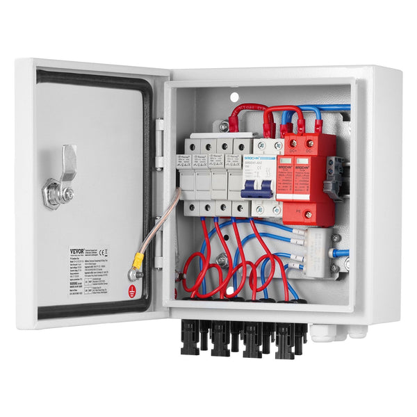 Pv Combiner Box 4 String Solar With 15A Rated Current Fuse 63A Circuit Breaker Lightning Arrester And Connector Steel Case For On / Off Grid Panel Sys