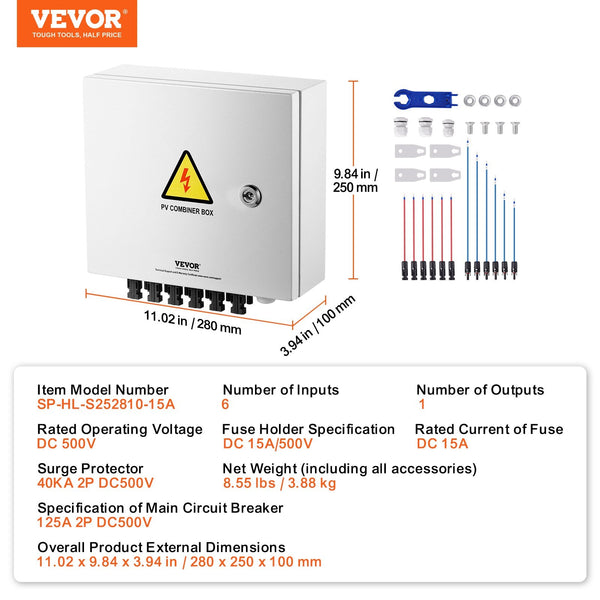 Vevor Solar Pv Combiner Box 6 String 15A For Panel System Steel Case Ip65 Solar Panels & Kits