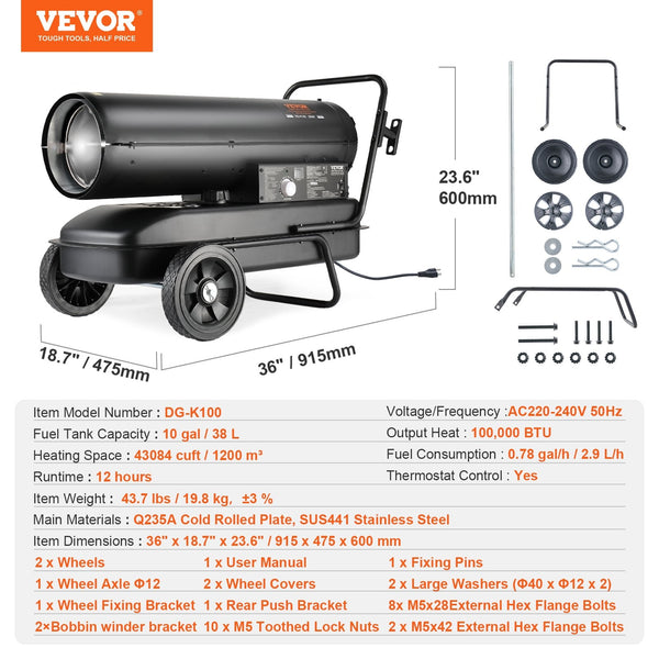Vevor 100000Btu Kerosene/Diesel Forced Air Torpedo Space Heater With Thermostat Heaters