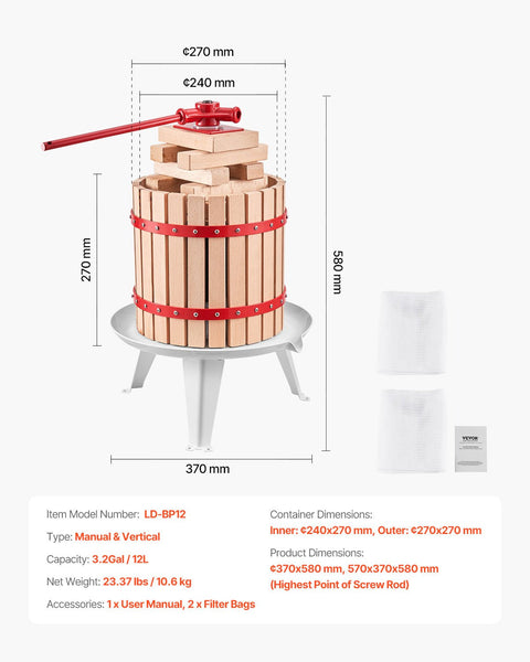 Vevor Fruit Wine Press Manual For Making 3.2 Gal/12L Wood Basket Equipment