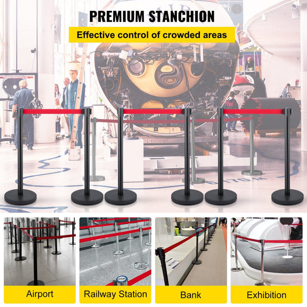 Vevor Crowd Control Stanchion Set 6 Pieces With 6.6 Ft Retractable Belt Black Safety Cones Posts Barriers