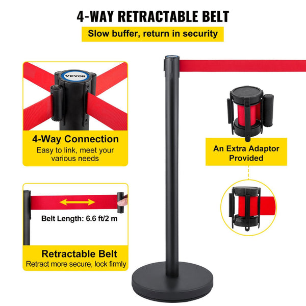 Vevor Crowd Control Stanchion Set 6 Pieces With 6.6 Ft Retractable Belt Black Safety Cones Posts Barriers