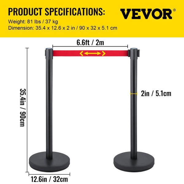 Vevor Crowd Control Stanchion Set 6 Pieces With 6.6 Ft Retractable Belt Black Safety Cones Posts Barriers
