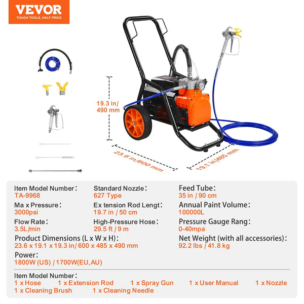 Vevor Cart Airless Paint Sprayer Diaphragm 1700W Electric Paint Sprayers