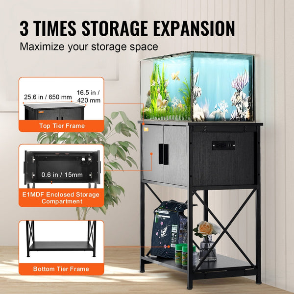 Vevor Aquarium Stand 20 Gallon Fish Tank 25.6 X 16.5 31.9 In Steel And Mdf Turtle 167.6 Lbs Load Capacity Reptile With Storage Cabinet Embedded Power