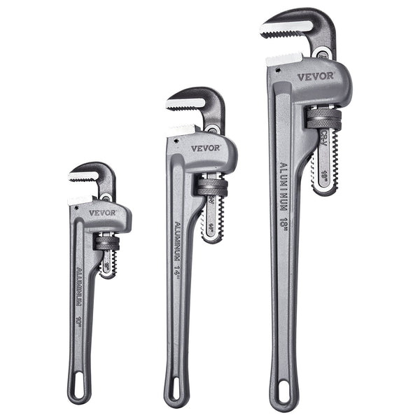 3 Piece Pipe Wrench Set 10" 14" 18" Aluminum Straight Adjustable Plumbing With High Strength Jaw And Ergonomic Handle Hangable Design For Water Pipes