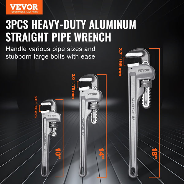 3 Piece Pipe Wrench Set 10" 14" 18" Aluminum Straight Adjustable Plumbing With High Strength Jaw And Ergonomic Handle Hangable Design For Water Pipes