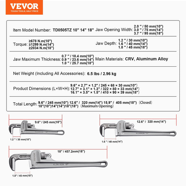3 Piece Pipe Wrench Set 10" 14" 18" Aluminum Straight Adjustable Plumbing With High Strength Jaw And Ergonomic Handle Hangable Design For Water Pipes